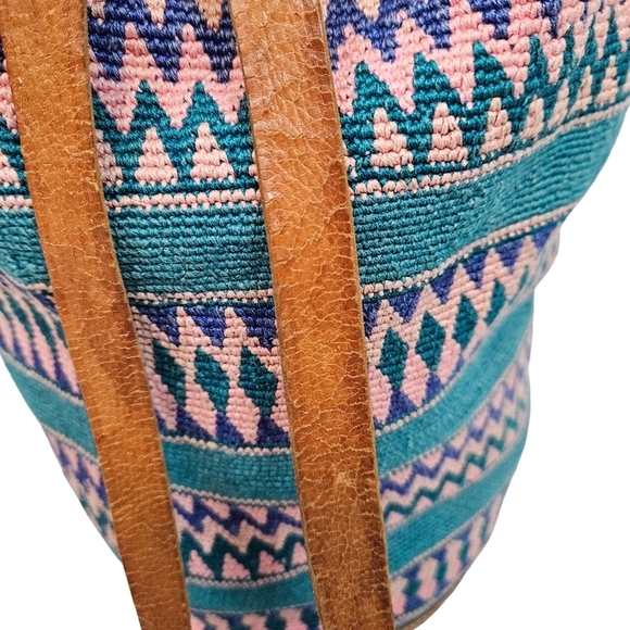 Vintage 90s‎ Pastel Bohemian Aztec Textile & Leather Backpack Bag - Picture 5 of 9